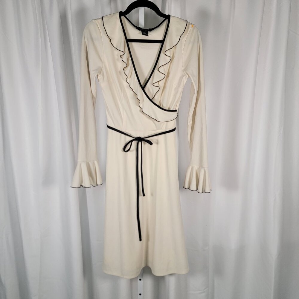 Express Faux Wrap Dress Ivory with Black trim Knee Length Long Sleeved Size 5/6